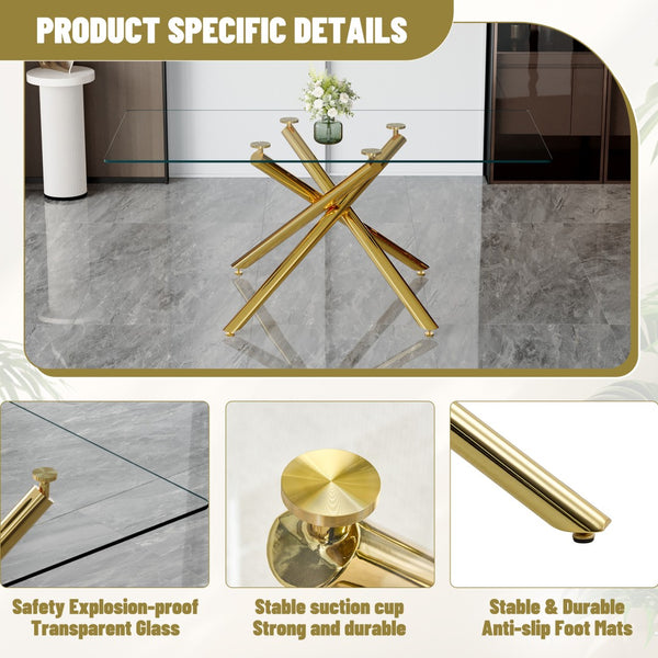 English Elm Table Modern Luxurious 6-Piece Dining Set With Transparent Glass Top, Gold Accents & White Chairs W1151S02587-GIGA