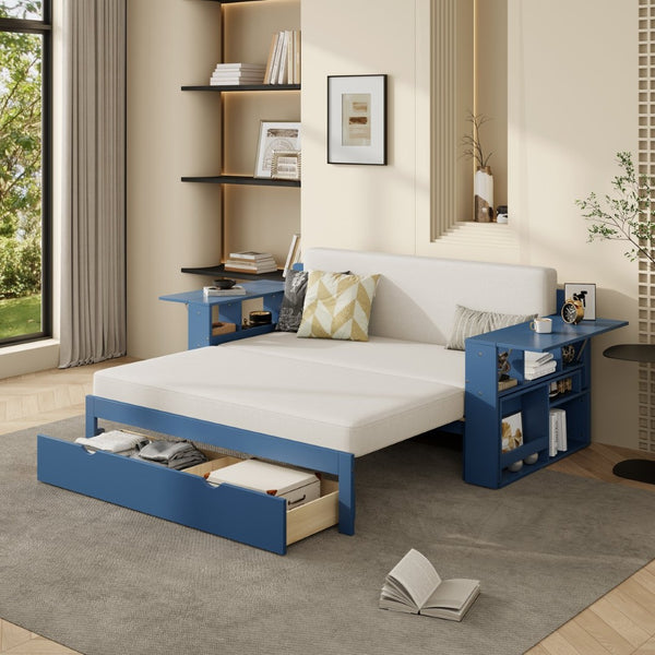 English Elm Full Size Daybed with Hydraulic Desk Armrests Storage Drawer and Sofa Seating Blue LT000271AAC