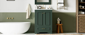 English Elm 24'' Bathroom Vanity with Ceramic Sink Combo Modern Freestanding MDF Cabinet with Soft-Close Doors and Sleek Silver Handles for Spacious Organized Bathroom Storage Green N710P194893F