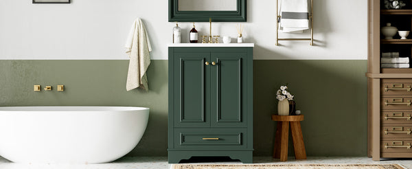 English Elm 24'' Bathroom Vanity with Ceramic Sink Combo Modern Freestanding MDF Cabinet with Soft-Close Doors and Sleek Silver Handles for Spacious Organized Bathroom Storage Green N710P194893F