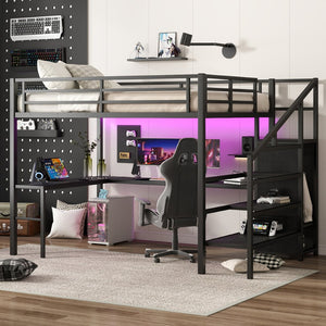 English Elm Twin Xl Metal Loft Bed with Stair Storage Shelves Sturdy Steel Frame for Dorms W1580S00545