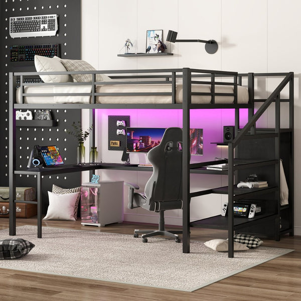 English Elm Twin Xl Metal Loft Bed with Stair Storage Shelves Sturdy Steel Frame for Dorms W1580S00545