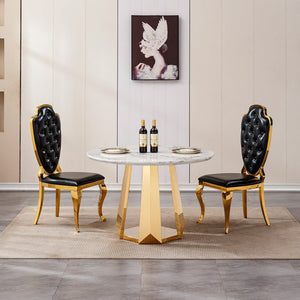 English Elm 47" Round Marble Dining Table - Modern High Gloss Faux Marble Top & Stainless Steel Base For Stylish Spaces W3456S00010