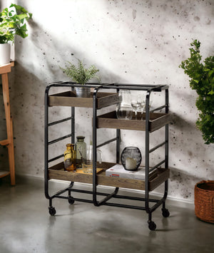 English Elm Vorrik Black & Walnut Finish Serving Cart with 3 Adjustable Wooden Trays, Metal Frame & Casters — Stylish Hostess Trolley B2726P272331
