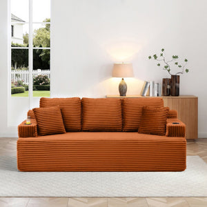 English Elm 86.2''boneless Floor Sofa Ribbed Corduroy 3 Seater with Cup Holders and Side Pockets Orange W1117P421193