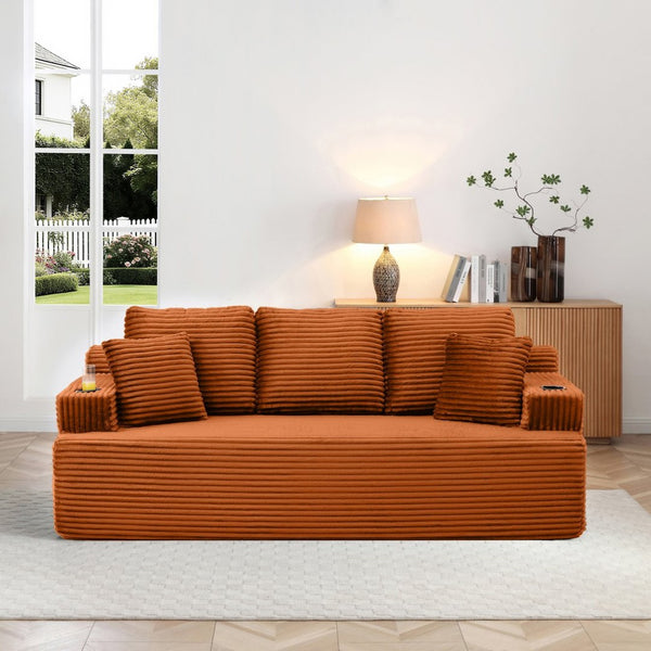 English Elm 86.2''boneless Floor Sofa Ribbed Corduroy 3 Seater with Cup Holders and Side Pockets Orange W1117P421193