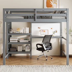 English Elm Twin Loft Bed with Built-in Desk Shelving and Dry-erase Board for Kids Rooms Gray LT100320AAE