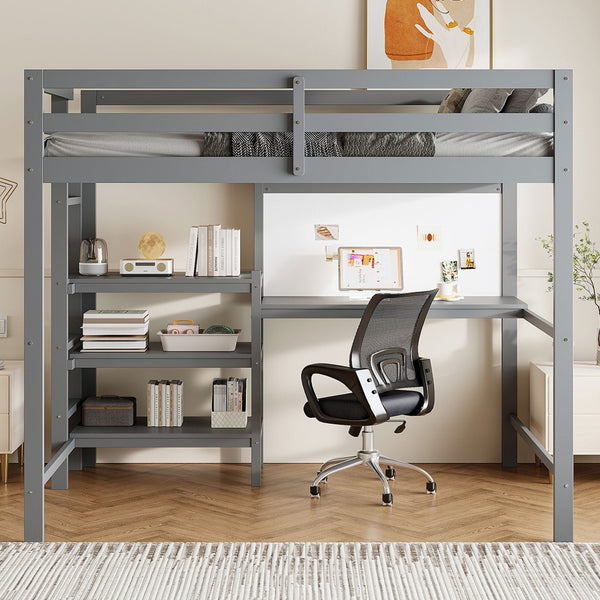English Elm Twin Loft Bed with Built-in Desk Shelving and Dry-erase Board for Kids Rooms Gray LT100320AAE