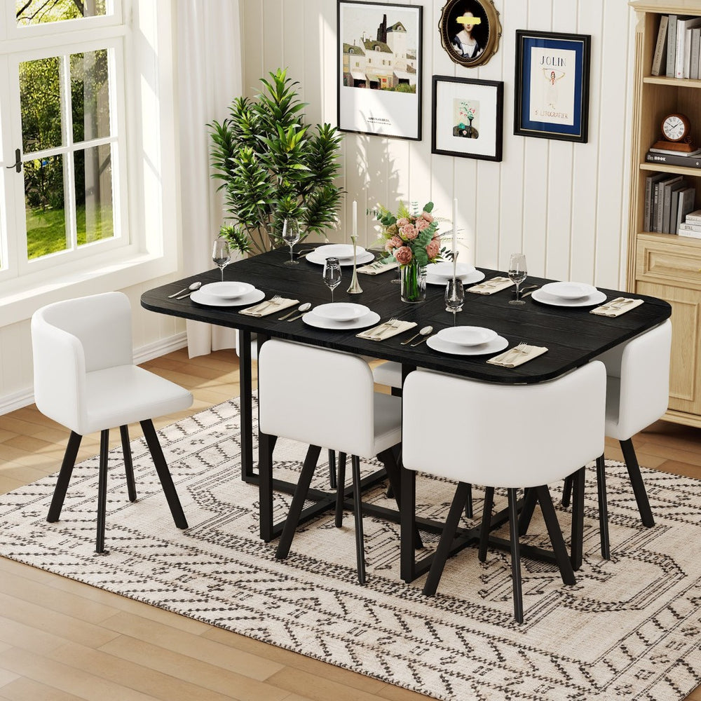 English Elm Black Wood Grain Rectangular Table with Six White Pu Upholstered Chairs Modern Set W3875S00094