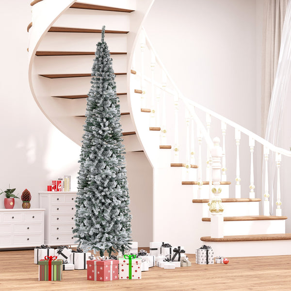 English Elm Homcom 9' Slim Snow-Flocked Artificial Christmas Tree - Realistic Branches, 1014 Tips, Space-Saving Elegance W2225P249661