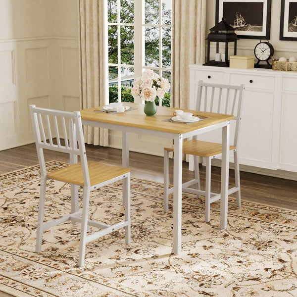 English Elm Dining Table Set 3 Piece Industrial Steel Frame with Melamine Top for Kitchen Nook White+Natural W1162P424923