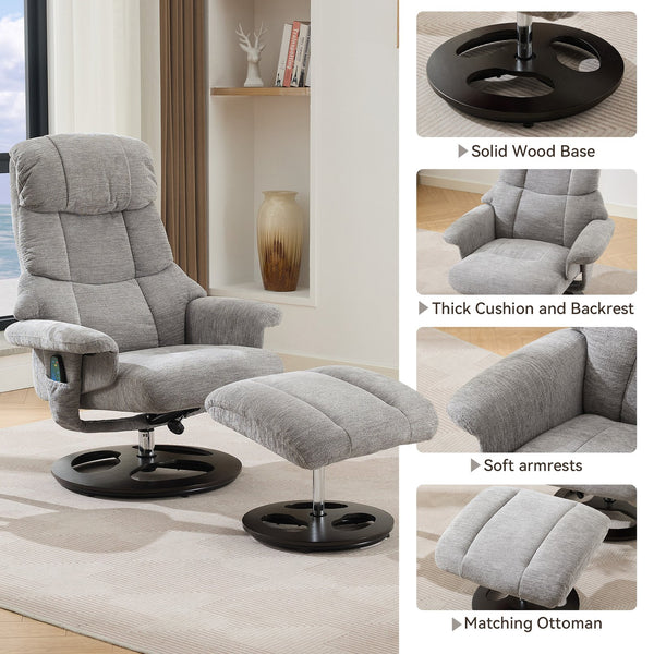 English Elm 010-Ergonomic Recliner Chair with Ottoman — 360° Swivel Lounge, Chenille Comfort, Heated Seat, Massage, Adjustable Backrest Grey W2636P262448