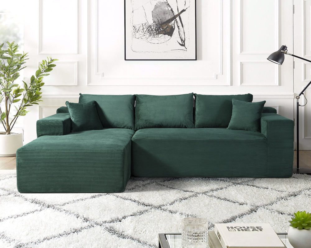 English Elm 2-Piece Dark Green Corduroy L-Shaped Sofa – Modular 3-Seater Couch With Pillows, No-Tool Setup! B2735P384506