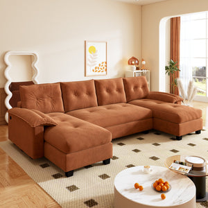 English Elm 104.7" U-Shaped Sleeper Sofa with Pull-Out Bed, Convertible Modular Sectional with Chaise, USB Ports, Chenille Upholstery Orange W1885S00213