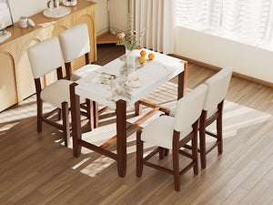 English Elm 5-Piece Counter Height Dining Set with Faux Marble Top and Upholstered Seats, Mid-Century Pub Charm Beige+White N752S000086A