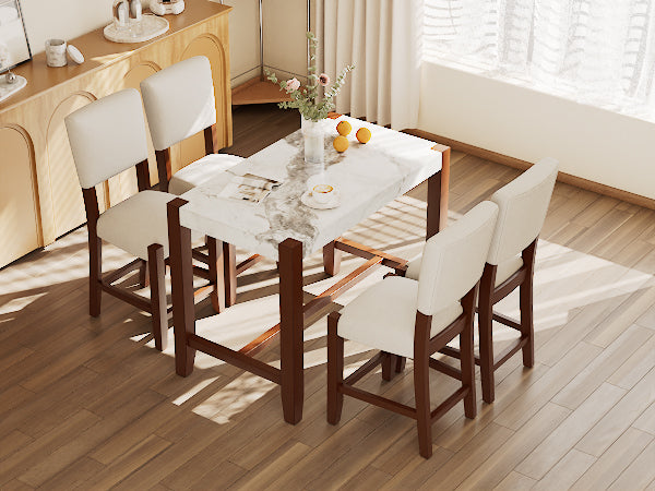 English Elm 5-Piece Counter Height Dining Set with Faux Marble Top and Upholstered Seats, Mid-Century Pub Charm Beige+White N752S000086A