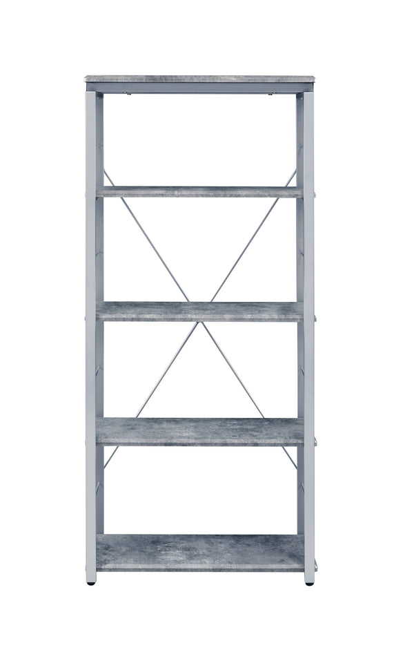 English Elm Jurgen Industrial Faux Concrete & Silver Bookshelf – 5 Shelves, Metal Frame, 4 Open Compartments, KD Tall Etagere B2726P282411