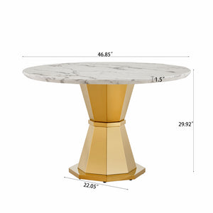English Elm 47" Round Marble Dining Table - Luxurious High Gloss Faux Marble Top & Stainless Steel Base For Modern Spaces W3456S00005