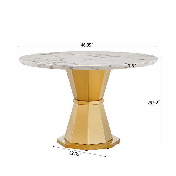 English Elm 47" Round Marble Dining Table - Luxurious High Gloss Faux Marble Top & Stainless Steel Base For Modern Spaces W3456S00005