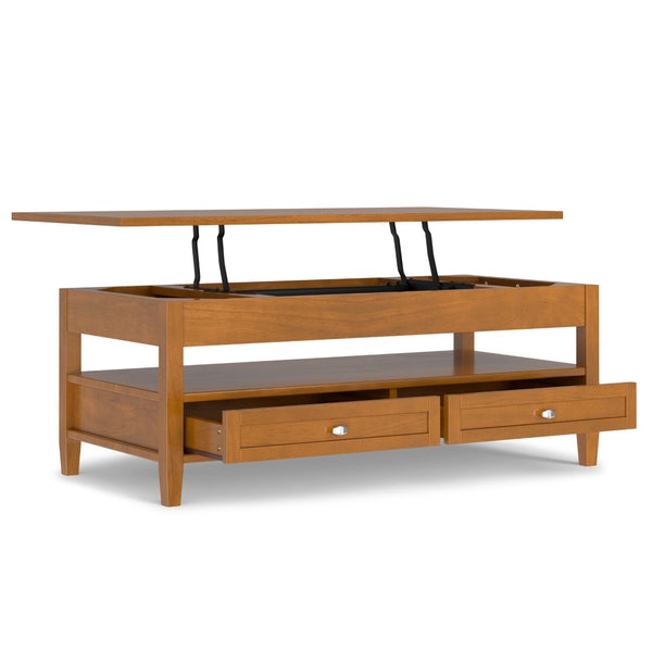 English Elm Warm Shaker Solid Wood Lift Top Coffee Table with Storage Drawers and Open Shelf B136P429089