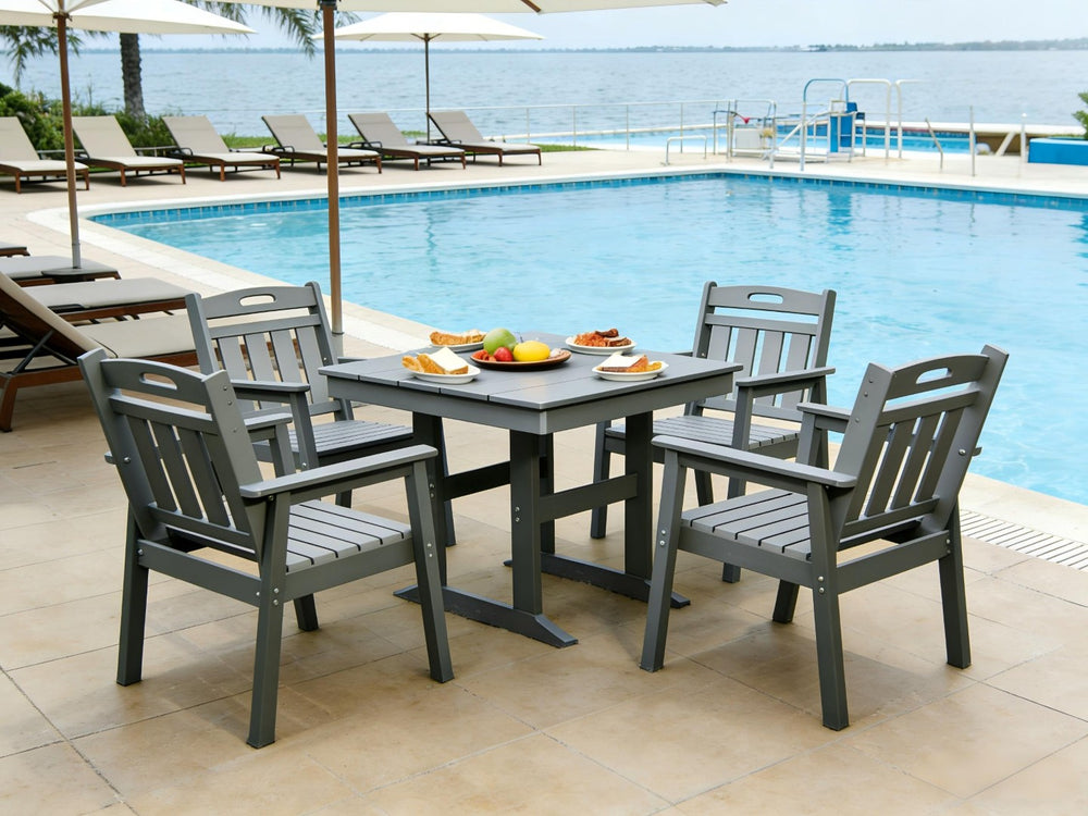 English Elm Hdpe Five Piece Outdoor Dining Set Weatherproof Patio Table with Umbrella Hole Gray W3805S00005