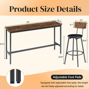 English Elm Bar Table Set with 3 Pu Leather Stools Industrial Steel Frame Rustic Dining Nook W3204P428249