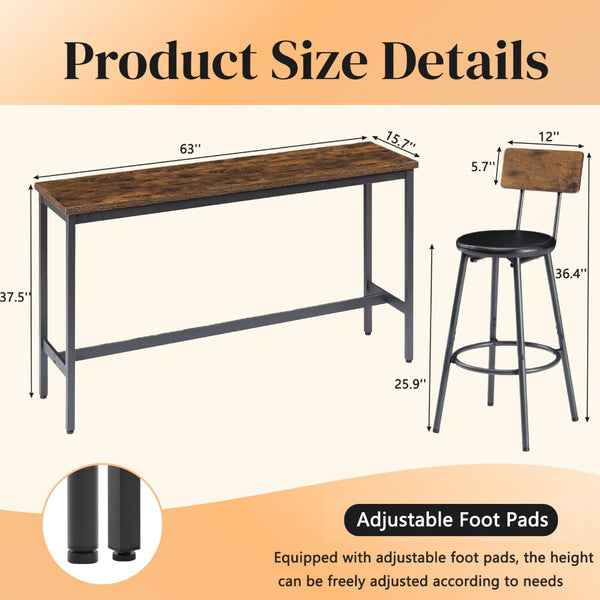 English Elm Bar Table Set with 3 Pu Leather Stools Industrial Steel Frame Rustic Dining Nook W3204P428249