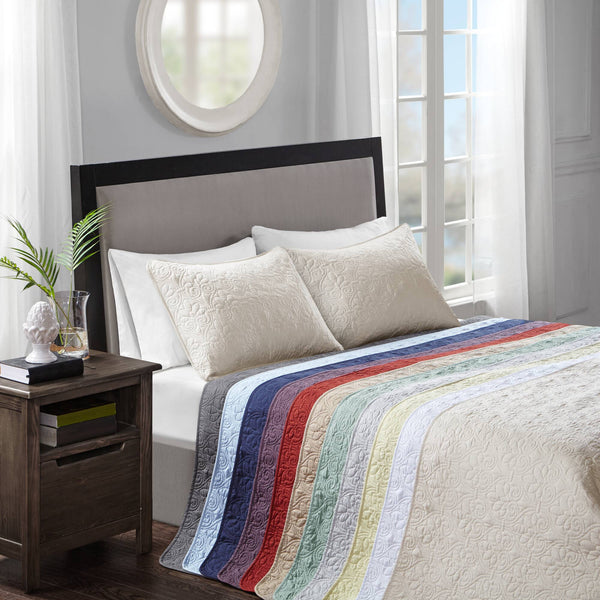 JLA Home Madison Park - 3 Reversible Bedspread Set with Quilted Stitch Texture, Oversized Drape, Antimicrobial Soft Cotton Fill Seafoam MP13-6445