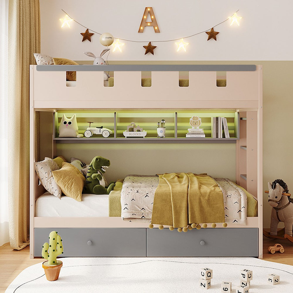 English Elm Twin Castle Bunk Bed with Led Lighting Built-in Shelf and Storage Drawers for Kids Gray LT000158AAE