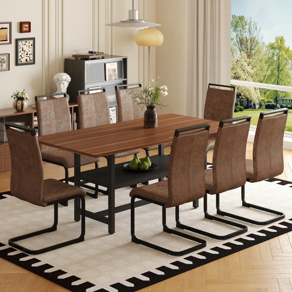 English Elm Table and Chair Set 71 Inch Walnut Grain Dining with 8 Tech Fabric Seats W1151S04283