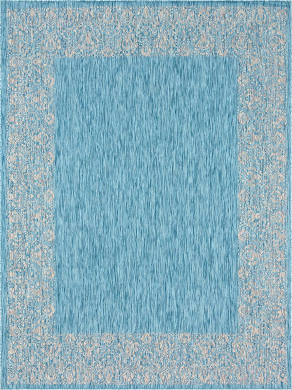 Unique Loom Outdoor Border Floral Border Machine Made Floral Rug Aqua, Ivory/Gray 9' 0" x 12' 0"