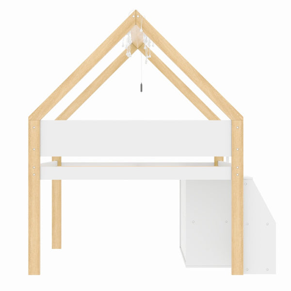 English Elm Twin-size Pine Low Loft Bed with House Canopy Step Stairs Storage Cabinet Led Lights N7090005032K