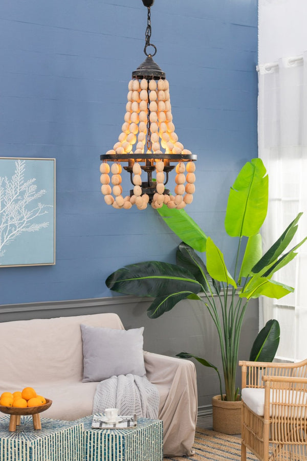 English Elm D18.9x33.1" Beaded Wood Iron 4-light Chandelier Bohemian Foyer Dining Statement Fixture W2078P411232