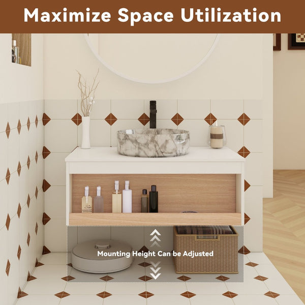 English Elm 36" Floating Bathroom Vanity Light Oak Modular Cabinet with Gel Coat Integrated Sink Grey+White,White + Light Oak W3450S00064