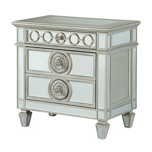 English Elm Varian Mirrored Nightstand Silver with Sunburst Trim, Crystal Knobs, Felt Lined Drawer, Mirrored Legs B2726P261261