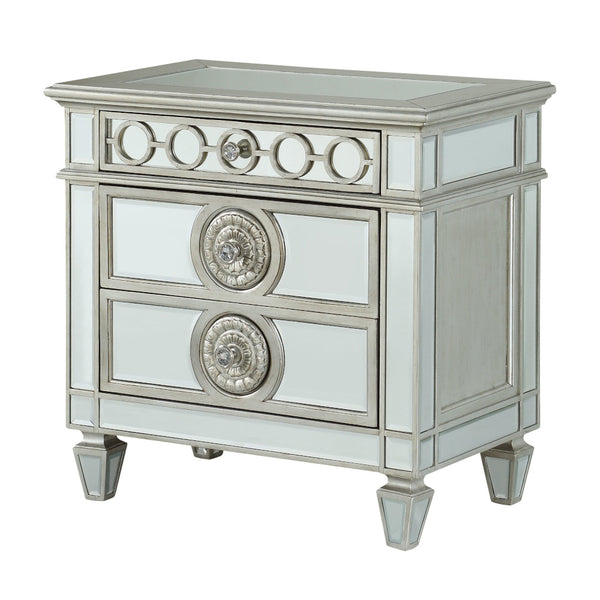 English Elm Varian Mirrored Nightstand Silver with Sunburst Trim, Crystal Knobs, Felt Lined Drawer, Mirrored Legs B2726P261261