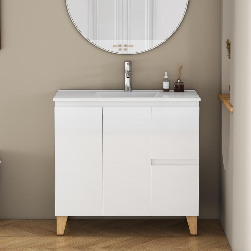 English Elm 36-inch Glossy White Bathroom Vanity with Ceramic Sink Soft Close Drawers Minimalist W3151S00068