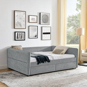 English Elm Daybed With Trundle - Stylish Upholstered Queen Sofa Bed In Grey Boucle With Storage Drawers W1413S00073