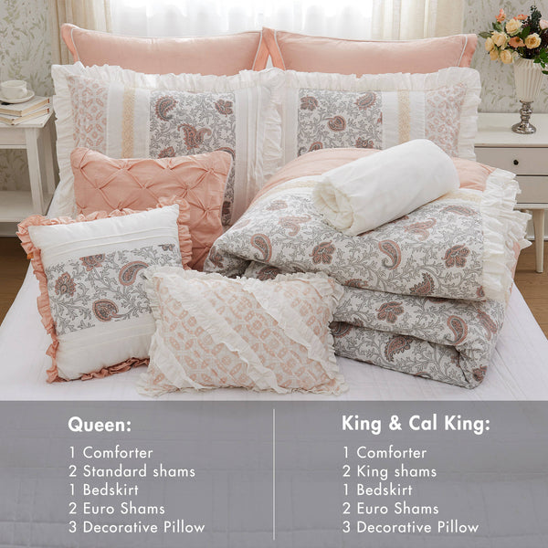 English Elm 9 Piece Cotton Percale Comforter Set – Blush Queen Stylish Shabby-Chic Bedding With Decorative Pillows B03597157