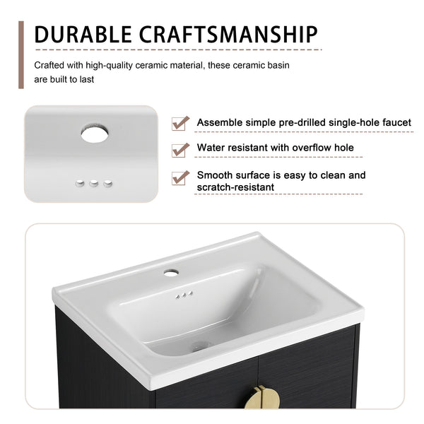 English Elm 24" Wall-Mounted Bathroom Vanity With Ceramic Sink & Side Cabinet - Stylish Storage Solution! W999S00326