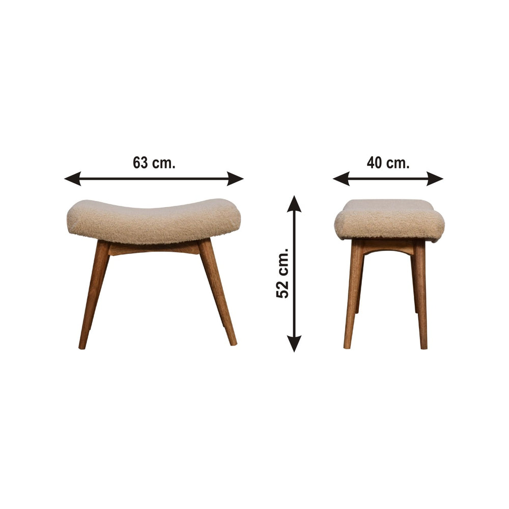 English Elm Solid Wood Boucle Curved Bench Upholstered in Beige+Cream, 100% Mango Wood Nordic Legs, Handwoven Cotton Finish B182P214131