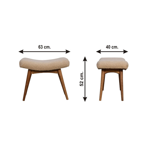 English Elm Solid Wood Boucle Curved Bench Upholstered in Beige+Cream, 100% Mango Wood Nordic Legs, Handwoven Cotton Finish B182P214131