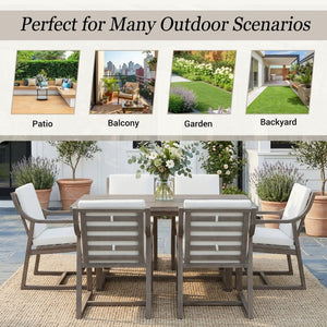 English Elm Outdoor Acacia Wood Dining Set Seats Six with Cushioned Armrest Chairs for Patio Beige+Brown N719Z000231D