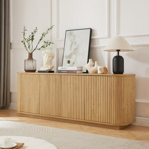 English Elm Sideboard Modern Wave-Pattern Storage Cabinet | 64" Wide TV Stand with Press-Open Doors & Adjustable Shelves Natural W1162P356393