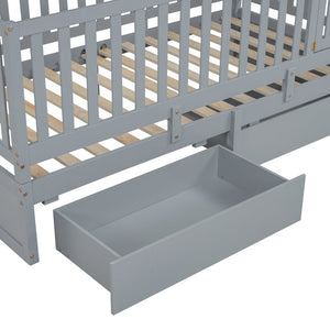 English Elm Twin Pinewood Daybed with Fence Guardrails Two Storage Drawers and Split Floor Bed Gray LP200881AAE