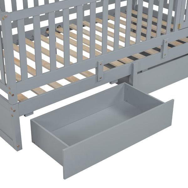 English Elm Twin Pinewood Daybed with Fence Guardrails Two Storage Drawers and Split Floor Bed Gray LP200881AAE