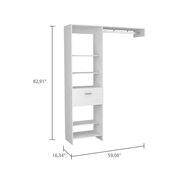 English Elm Hybrid Closet System with Five Open Shelves, Spacious Drawer & Metal Rod for Smart Vertical Storage White 83 L x 20 W x 4 H B128S00094