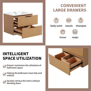 English Elm 24 Inch Floating Bathroom Vanity With Ceramic Sink - Modern Wall-Mounted Storage Cabinet In Light Brown W1550S00034