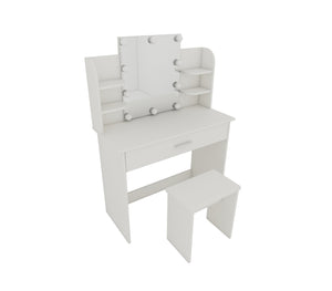 English Elm One drawer dresser table Ancient White Vanity with Stool, Adjustable Mirror, Compact Elegant Makeup Station W2139P306364