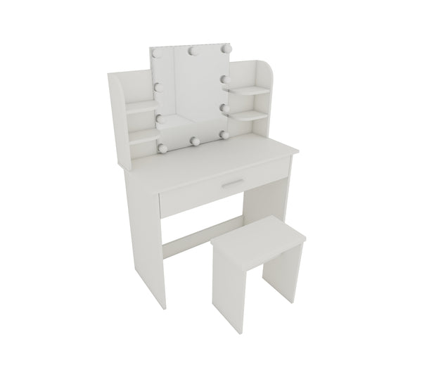 English Elm One drawer dresser table Ancient White Vanity with Stool, Adjustable Mirror, Compact Elegant Makeup Station W2139P306364